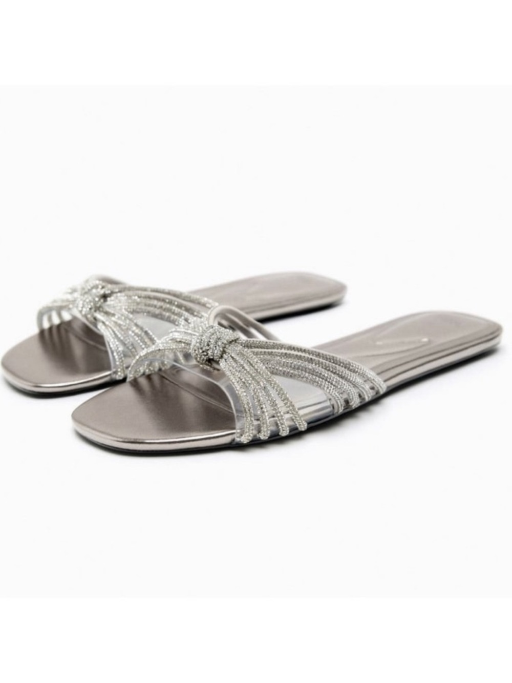 ZARA Silver Rhinestone Crystal Open Toe Flat Slide Sandals